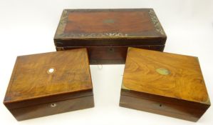 Victorian mahogany writing slope with scrolled brass inlay and escutcheon,