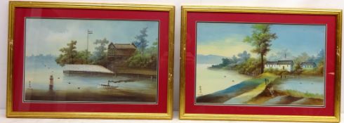 Oriental River Rural Landscapes, two 20th century gouaches on paper with character signature 29.