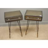 Pair industrial style bedside cabinets, single drawer, hairpin legs, brass cone feet, H69cm, W41cm,