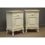 Pair French style painted bedside chests, single drawer above cupboard door, shaped apron,