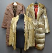 Two three quarter length and one short fur coat, possibly rabbit, lined,