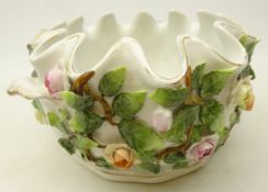 Dresden two handled jardiniere the exterior applied with encrusted flowers and central panel hand