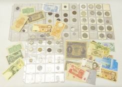 Collection of Great British and World coins and banknotes including; 1921 sixpence, 1946 sixpence,