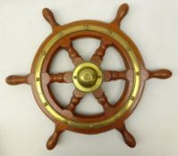 Small Simpson Lawrence brass mounted teak six-spoke ships wheel,