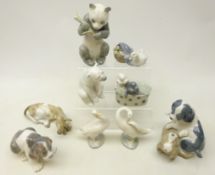 Collection of Lladro and Nao animal models including a Nao Panda, Lladro puppy, Nao dog group,