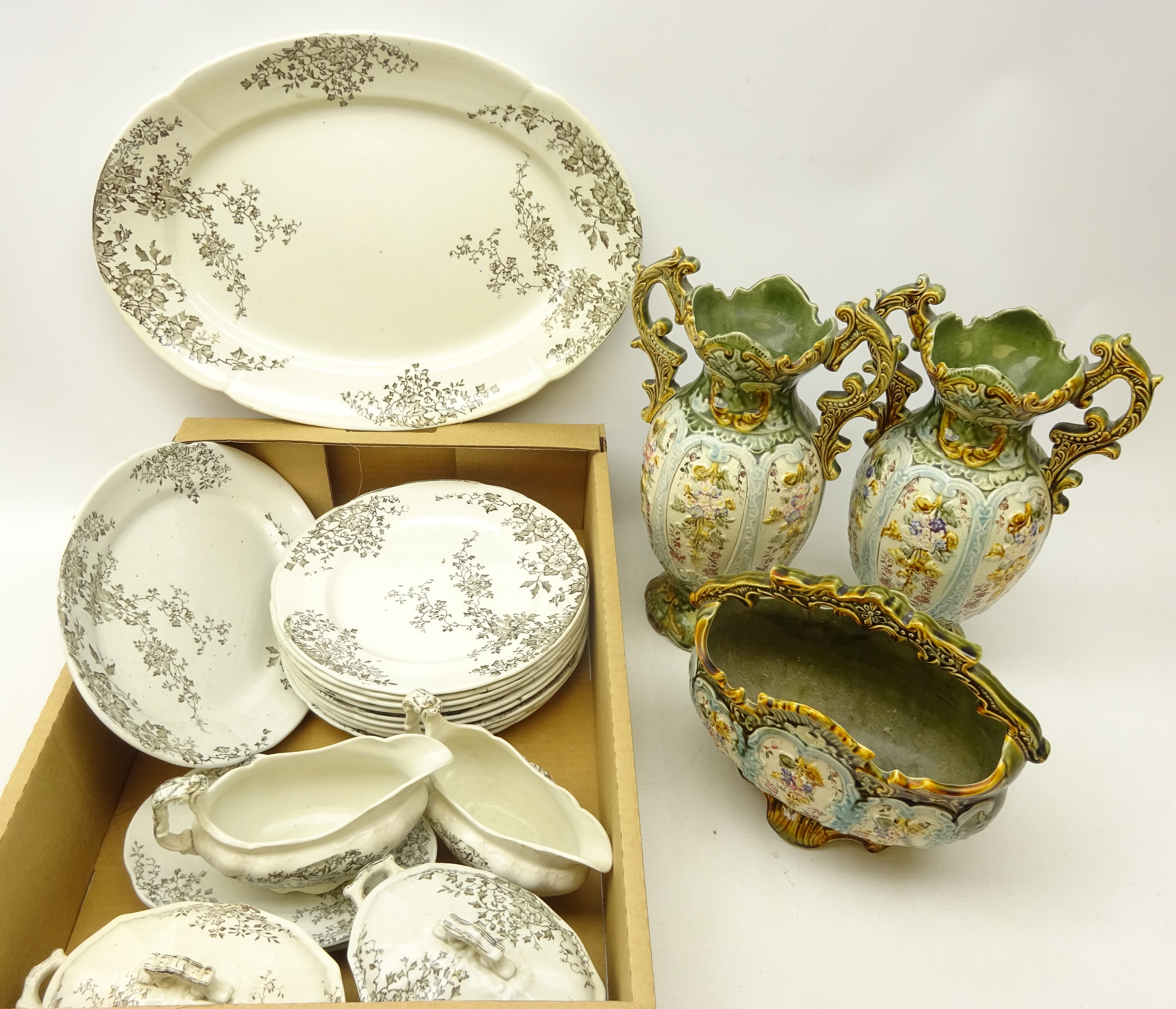 Austrian three piece matched garniture decorated and a Victorian part dinner service decorated