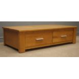 Light oak coffee table, four drawers, stile end supports, (W140cm, H37cm,