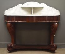Victorian mahogany marble top washstand, raised shaped back, single frieze drawer,