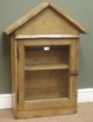 19th century pine wall cupboard, arched pediment, glazed door enclosing shelved interior, W61cm,