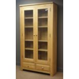 Solid oak large display cabinet, projecting cornice,
