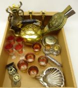 Pair 19th century brass candlesticks, vintage drinking glass sets, cruet,