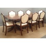 Inlaid mahogany twin pedestal dining table and set eight chairs (6+2), upholstered back and seat,
