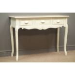 Painted French style side table, three drawers, shaped apron, fleur de lis carved cabriole legs,