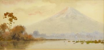 Mount Fuji - Japan, 19th/20th century watercolour indistinctly signed M Tomi? 15cm x 30.