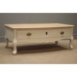 French style coffee table, oak top, painted finish, two bow front drawers either side, shaped apron,