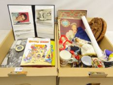 Collection of 1950-60's film star post cards, some signed, Leeds United belt buckle, pennant,