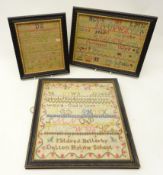 Two 19th century samplers, both with the surname Parkinson, one dated 1853 and another, all framed,
