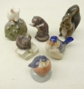Six Royal Copenhagen miniature animals; Squirrel 982, Mouse 570, Robin 2238, Finch 1040,