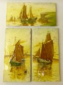 Three Victorian tiles, painted with fishing boats off the coast,