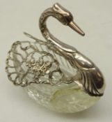 20th century cut glass bon bon dish in the form of a swan with pierced and embossed silver wings,