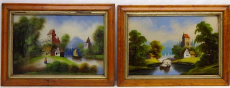 Continental River Landscapes, 19th/20th century paintings on glass unsigned 39.5cm x 59.