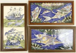 Three sets of two framed tiles, in the style of William De Morgan,