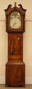 Early 19th century mahogany longcase clock, the swan neck pediment with finial,