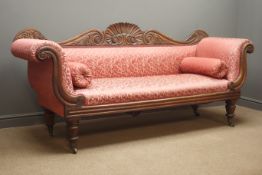 Victorian mahogany framed settee, shaped cresting rail with shell carving, scroll ends,