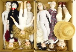 Collection of modern bisque head dolls including Charlie Chaplin,