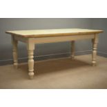 Painted pine rectangular dining table, turned supports, 185cm x 90cm,
