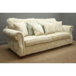 Rodgers of York pair three seat sofas upholstered in embossed fabric with scatter cushions,