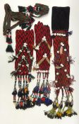 Three hand woven wall hangings with bead work decoration and three similar woven pieces (6)