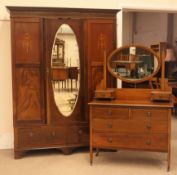 Edwardian inlaid mahogany wardrobe central mirror door above two drawers on bracket feet (W162cm,