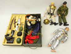 1964 Action Man Wooden kit locker box and 3 action men; soldier, deep sea diver and astronaut,