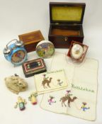Vintage plush clockwork rabbit, 1970s Timecal Noddy alarm clock, Chad Valley tin money box,