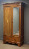 Small Edwardian inlaid mahogany wardrobe, projecting cornice,