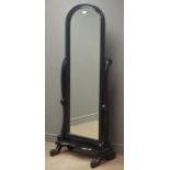 Black painted arched bevel edge cheval mirror, splayed supports, W60cm, H170cm,