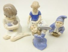 Four Royal Copenhagen figures; Girl with Doll 1938, Girl Reading Book 674,