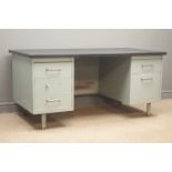 Mid 20th century black and grey industrial style twin pedestal metal desk, five drawers, W153cm,