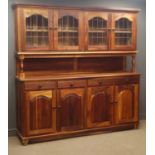 Large hardwood dresser, raised display cabinets with lead glazed doors,
