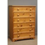 Polished pine chest, six drawers, shaped plinth base, W89, H123cm,