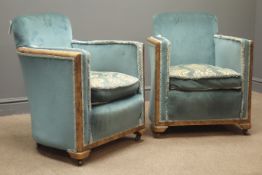 Pair Art Deco walnut framed tub shaped upholstered chairs,