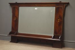 Early 20th century inlaid mahogany bevel edge mirror, projecting cornice, moulded shelf, W123cm,