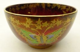 Fieldings Devon Sylvan Lustrine bowl in the form of a tea bowl painted and gilded with butterflies