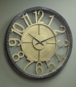 Large metal cased circular wall clock with gilt numeral, battery movement,