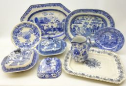 Early 19th century pearlware octagonal meat plate transfer printed with 'Lady with Parasol' pattern,