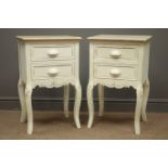 Pair painted French style bedside chests, two drawers, shaped apron,