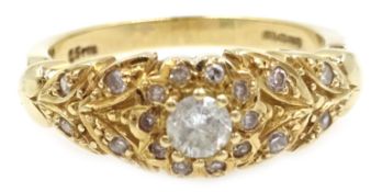 14ct gold ring set with central diamond and diamond shoulders,