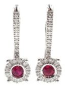 Pair of 18ct white gold ruby and diamond pendant ear-rings Condition Report Pendant