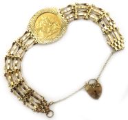 1982 gold half sovereign loose mounted in gold five bar gate bracelet,